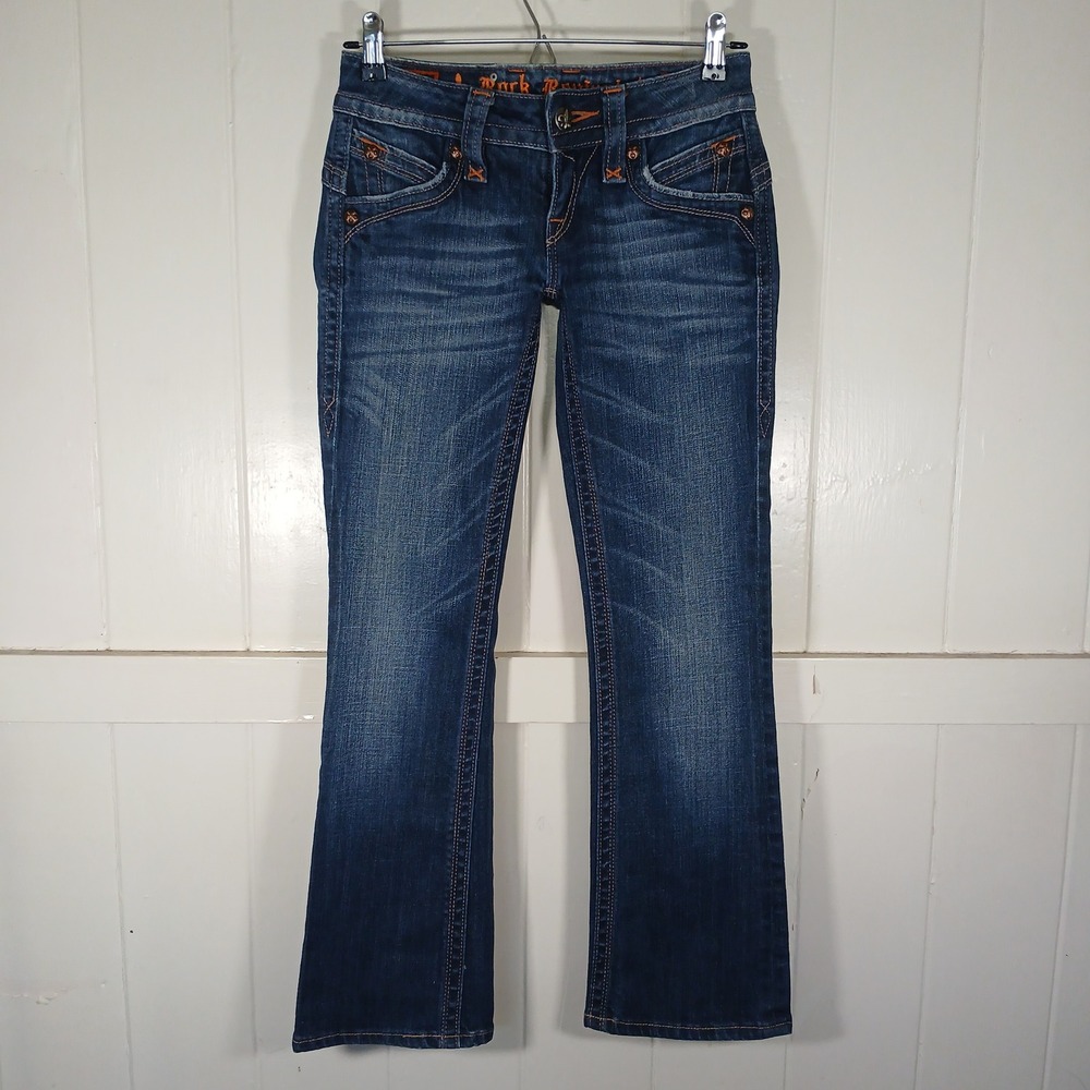 Rock Revival Gwen Bootcut Jeans Womens 26 Blue Dark Wash Embroidered Low Rise